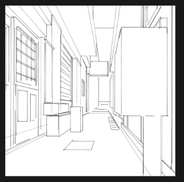 the initial draft of the background of the alleyway, blocked out in perspective. 