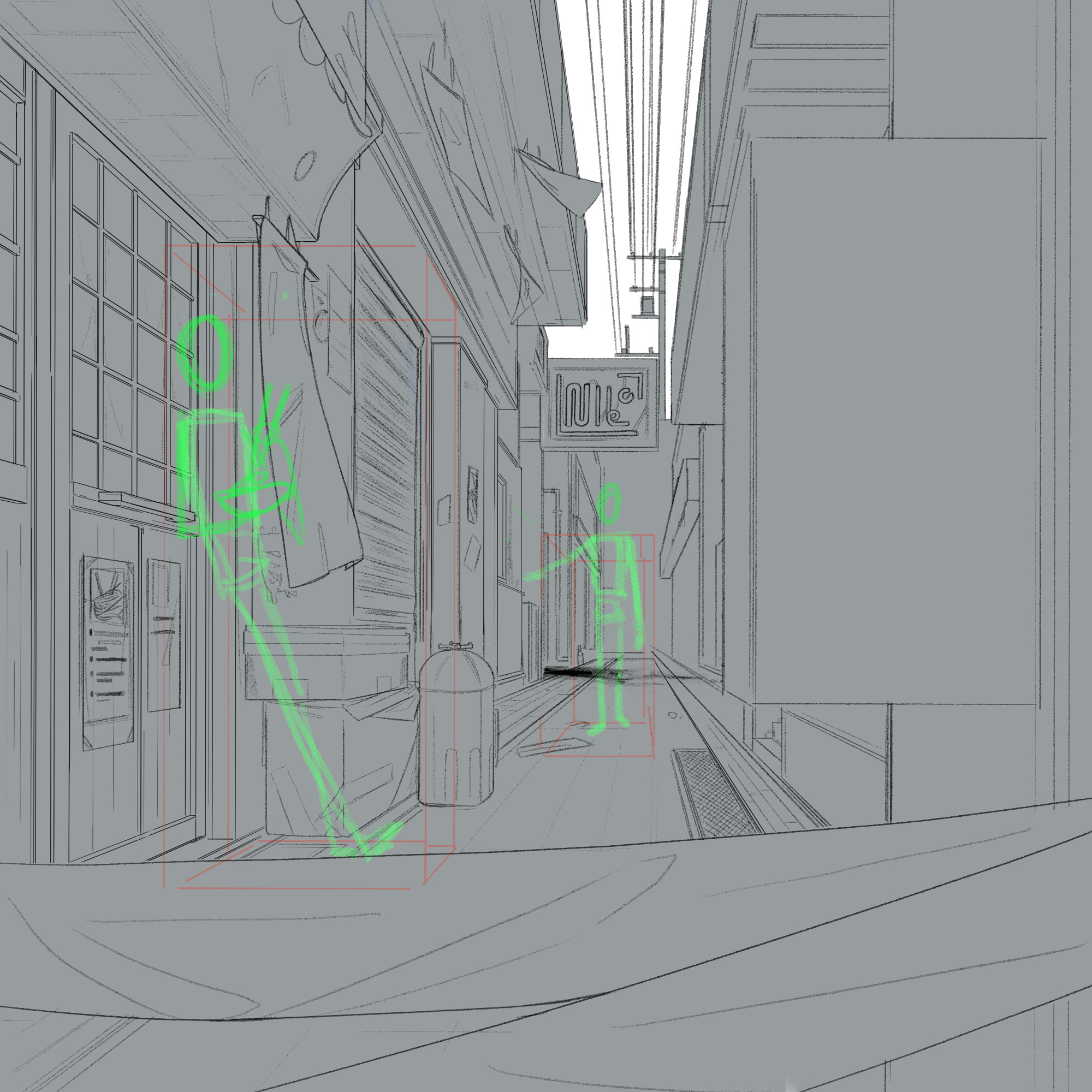 greyed out background with added details sketched in, as well as the figured for the two characters in view. trying out different angles, poses, trying to find a waay to make characters fit into their space