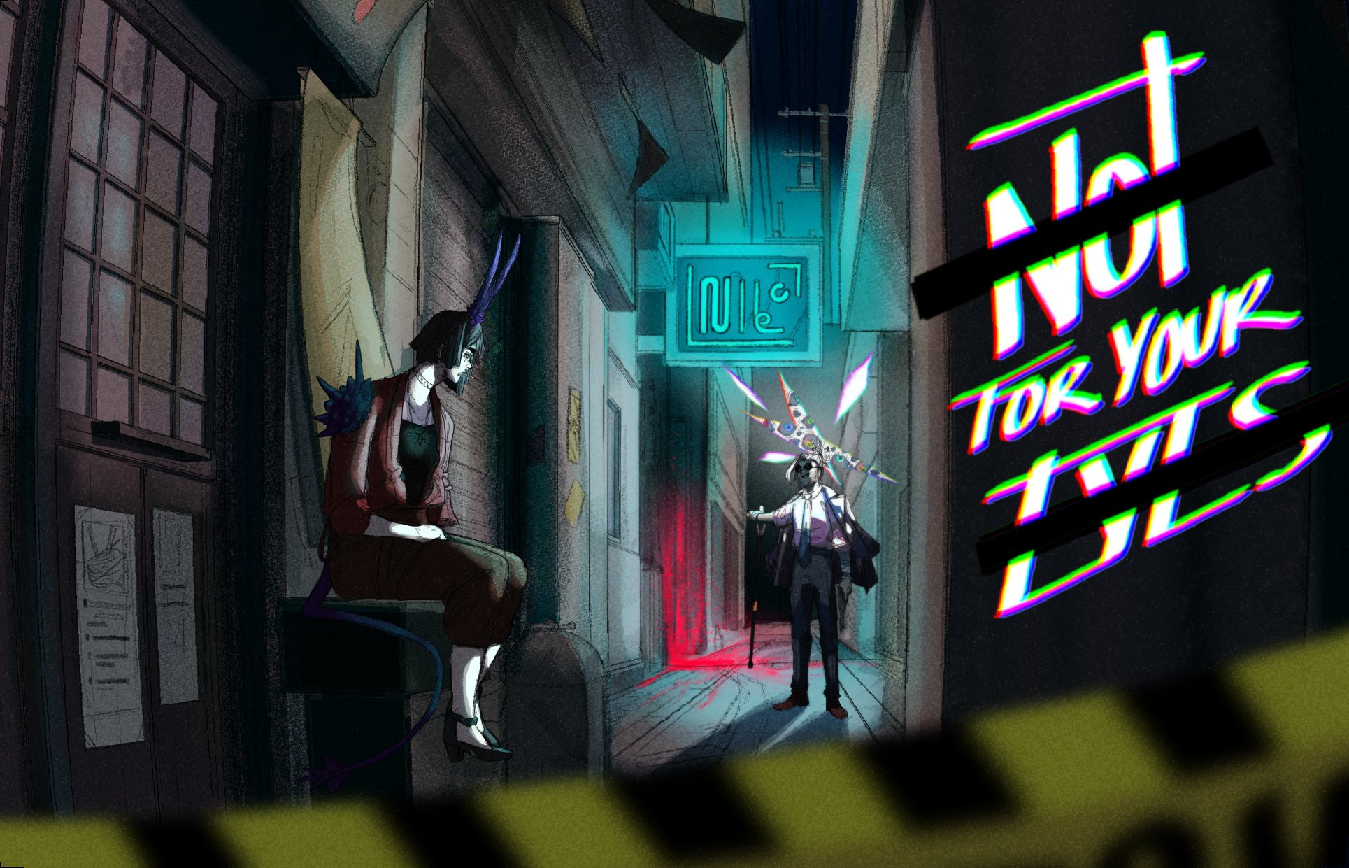 The finished illustration! I tried to use some effects I hadn't typically worked with to touch up the image, like Perlian noise, chromatic aberration, distance blur and fish-eye distortion