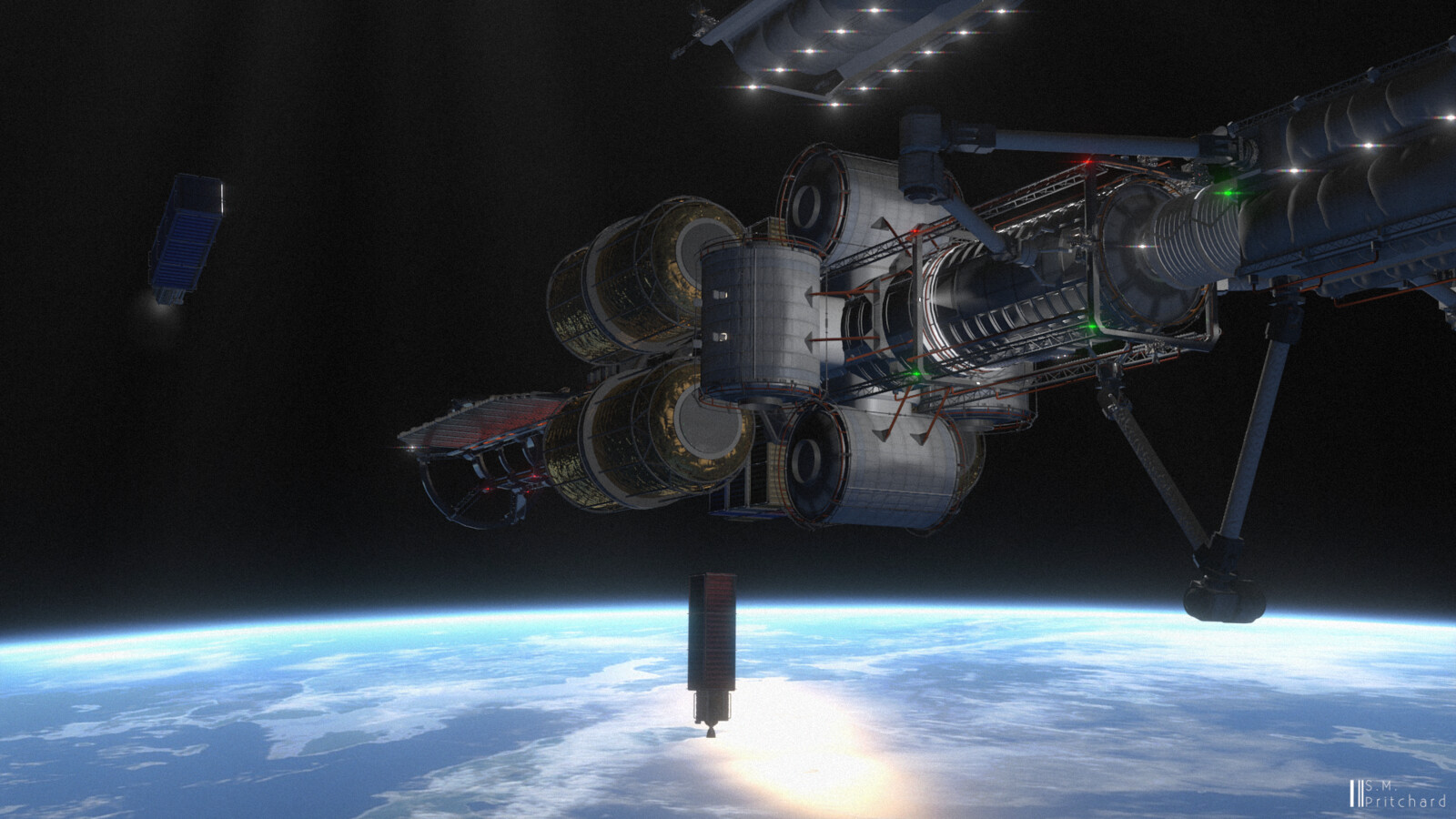 Berthed at a space station in Low-Earth Orbit, loading cargo.