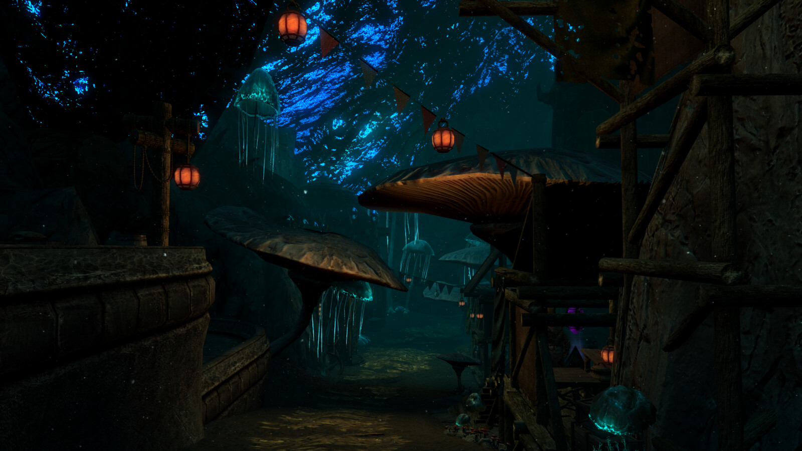 The Trade Way leads down from the city entrance to The Twilight Plaza. Various merchant stalls can be found along its length.