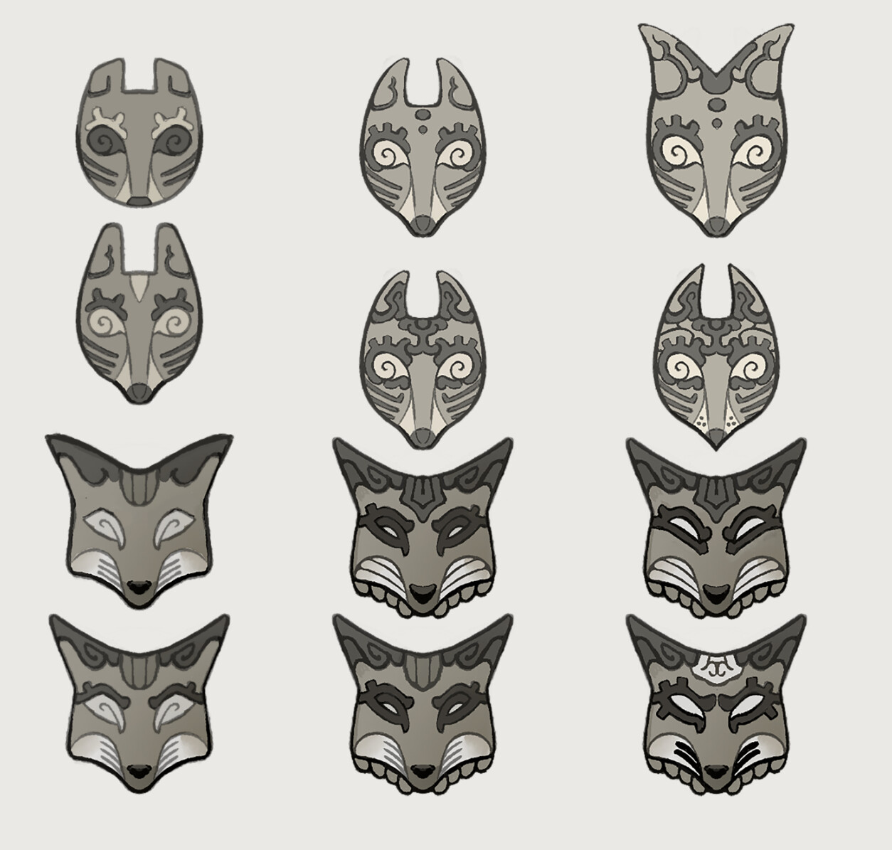 First round of mask exploration, trying to balance reading as a fox versus maya style designs.