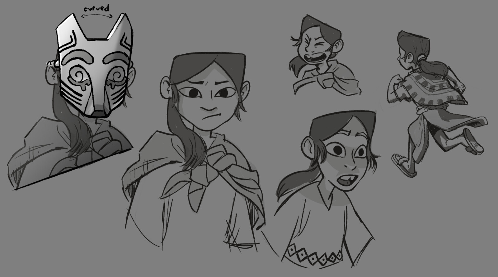 First sketches of the redesign, I wanted to draw the girl's face underneath to help with the personality of the design. Mask way too angular. 