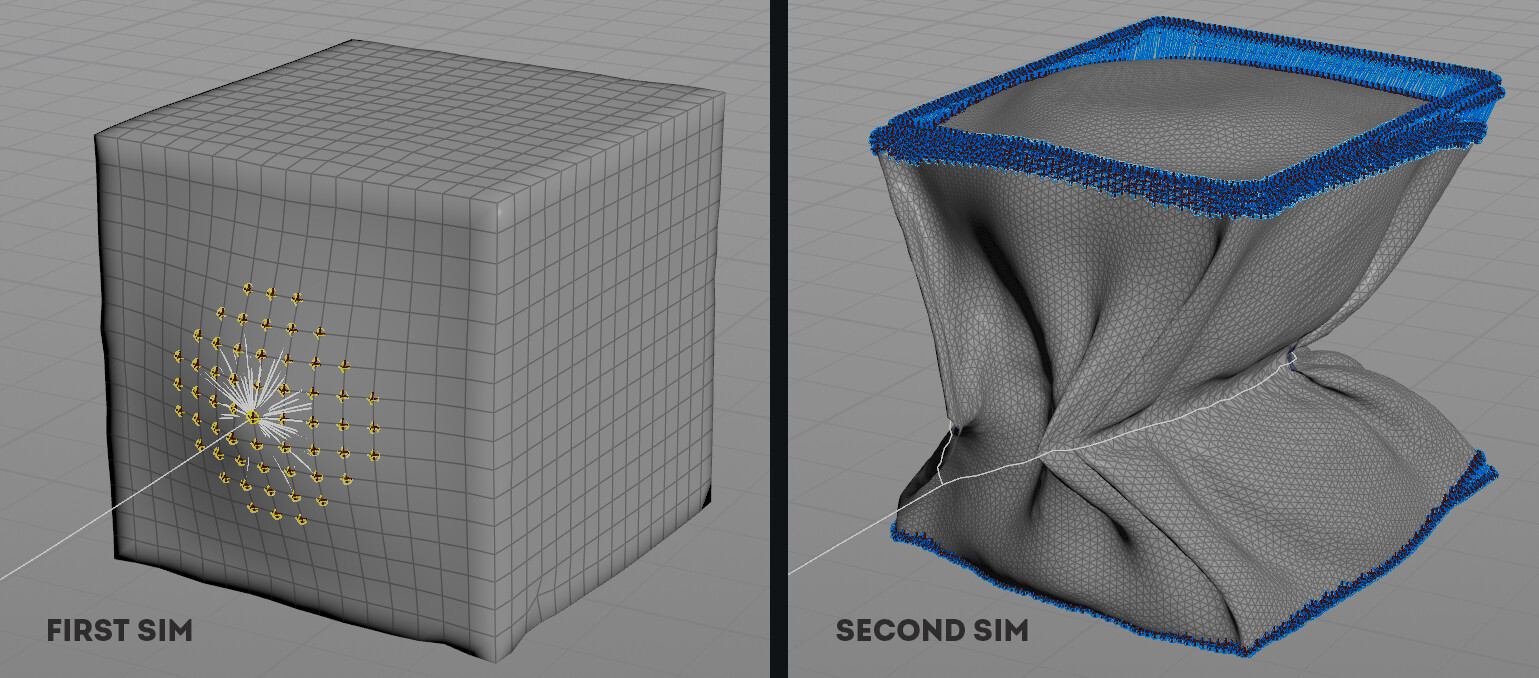 To get more controll over the movement of the hero object, I used a lowres sim to get the overall movement of the lantern right. Then used that sim to drive a highres sim by constraining parts of the mesh loosely.