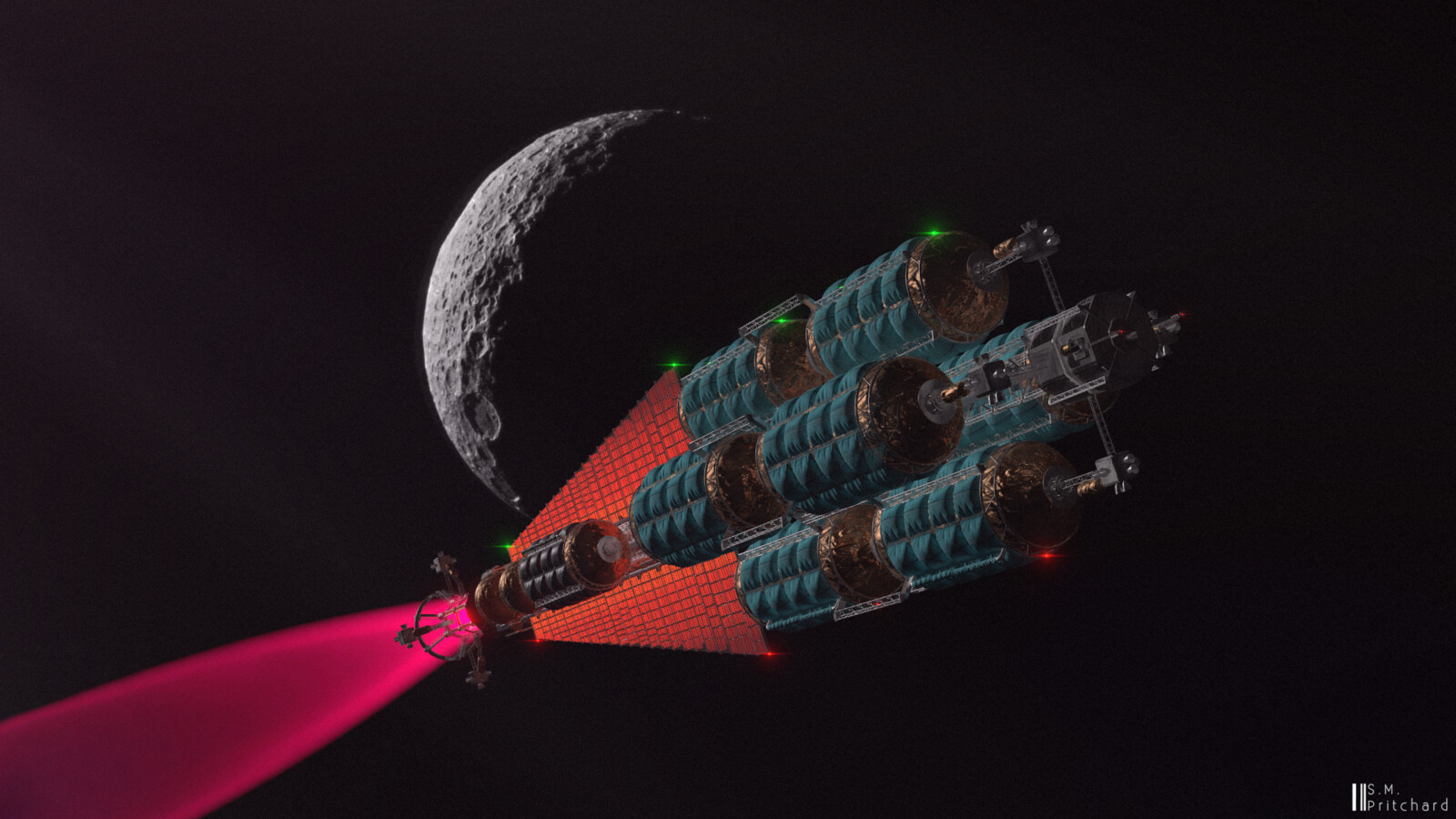 Performing a braking burn into Ceres orbit, radiators glowing orange-red as they shed the fusion drive's waste heat into space.