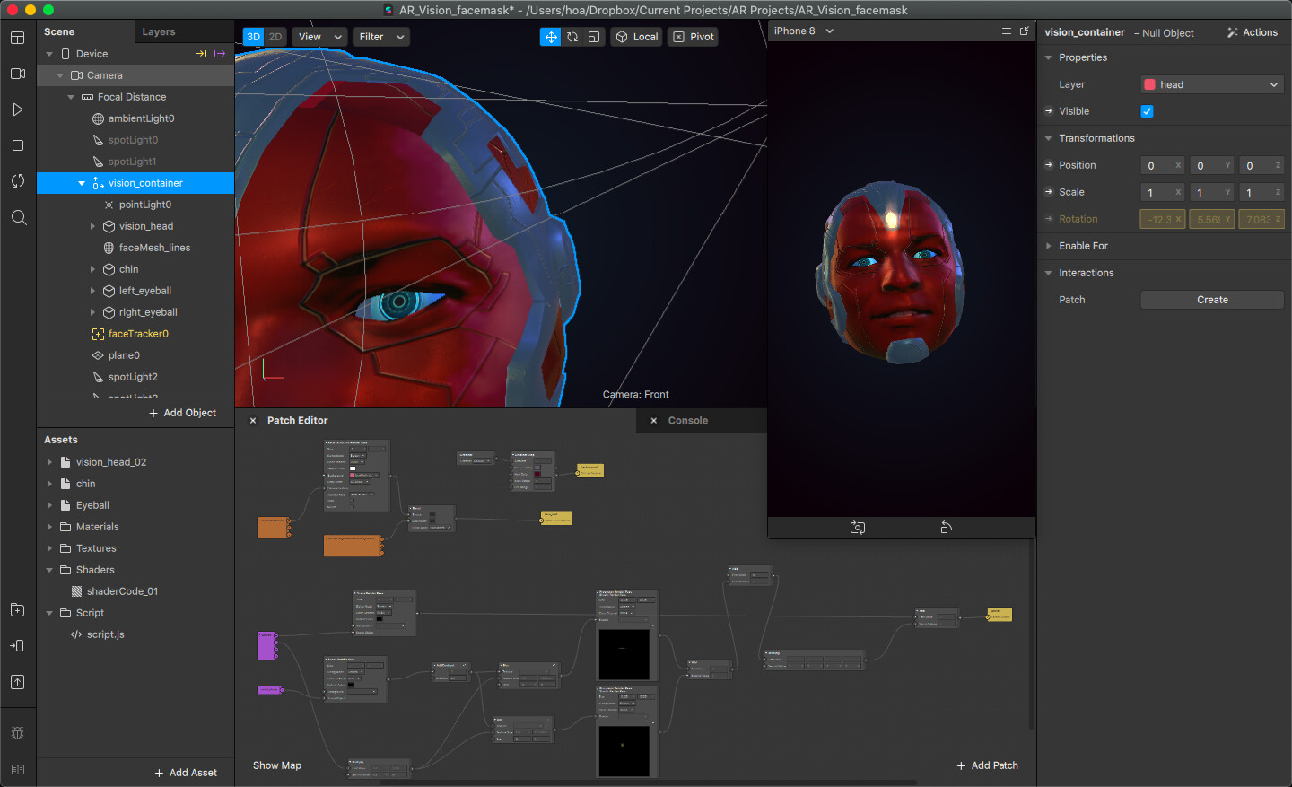 Spark's node shader graph was used to create the Mind Stone's bloom effect and to blend the face camera texture into the PBR shader's color input. 