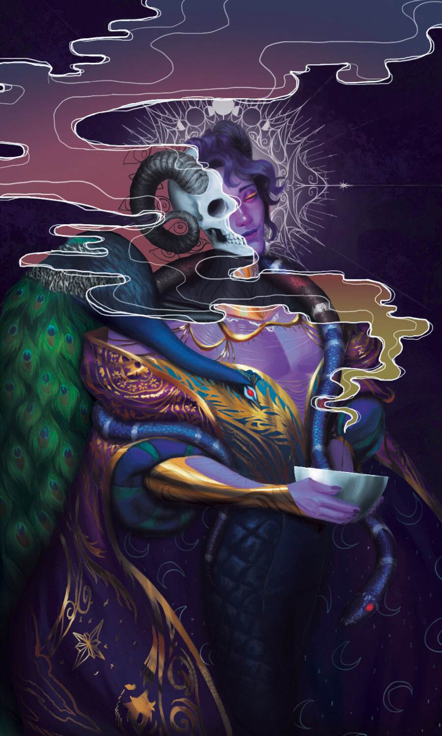 Artstation Critter Tarot Project Death Mollymauk Viktor Maru Souza His curled horns were pierced and extremely ostentatious, with little gems and baubles and his flamboyant appearance was often commented upon. artstation critter tarot project