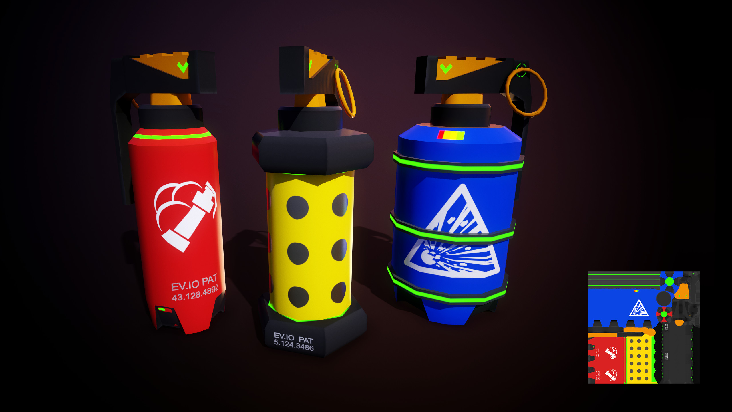 The 3 grenade types available in the game Smoke, Flash, and Fragmentation. All three were created with a single shared 512 basecolor texture.