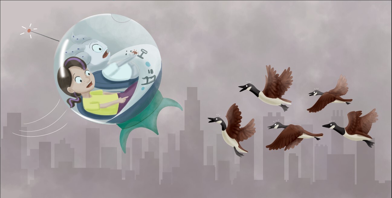 They zoomed to the city but Amos couldn’t see the skyscrapers. He couldn’t see the clouds. He couldn’t see the flock of birds flying in front of the spaceship. 
“WATCHOUT!”
