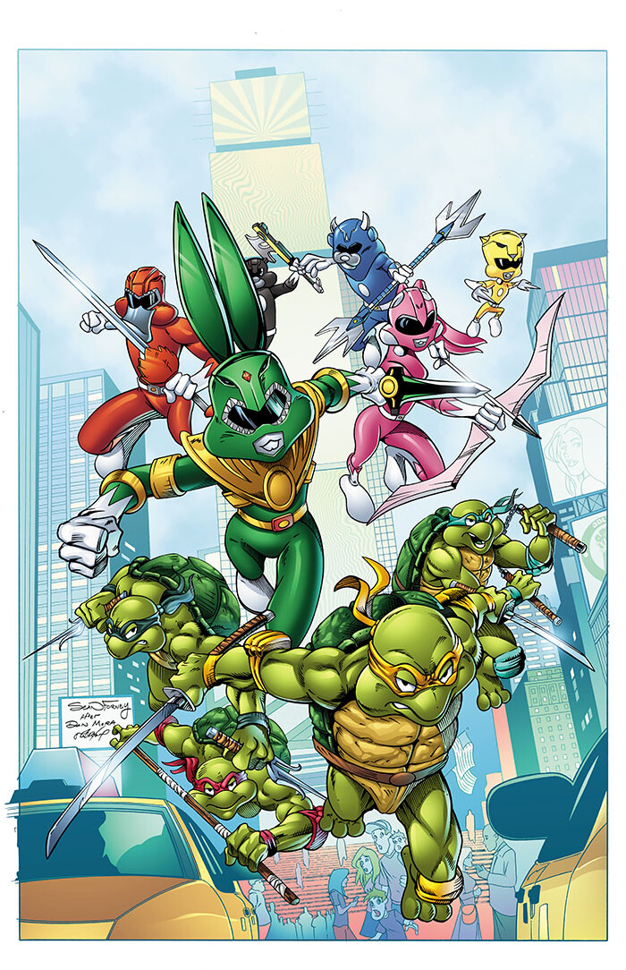 Power Ninja Toons cover 

homage to Dan Mora's cover 

Pencils and colors by Sean Forney

Inks by Rodney Fyke  