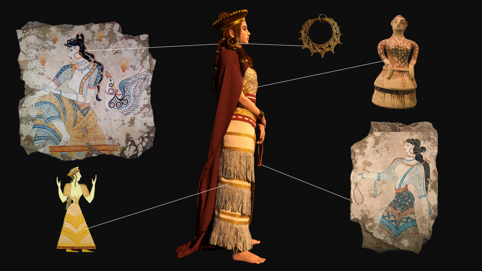 Research on clothing, hairstyle, patterns. The scale pattern of the dress appears a lot in Mycenaean and Minoan art. I used a Spartan figurine of a noblewoman, dating to approximately the same time as the setting of the Iliad.