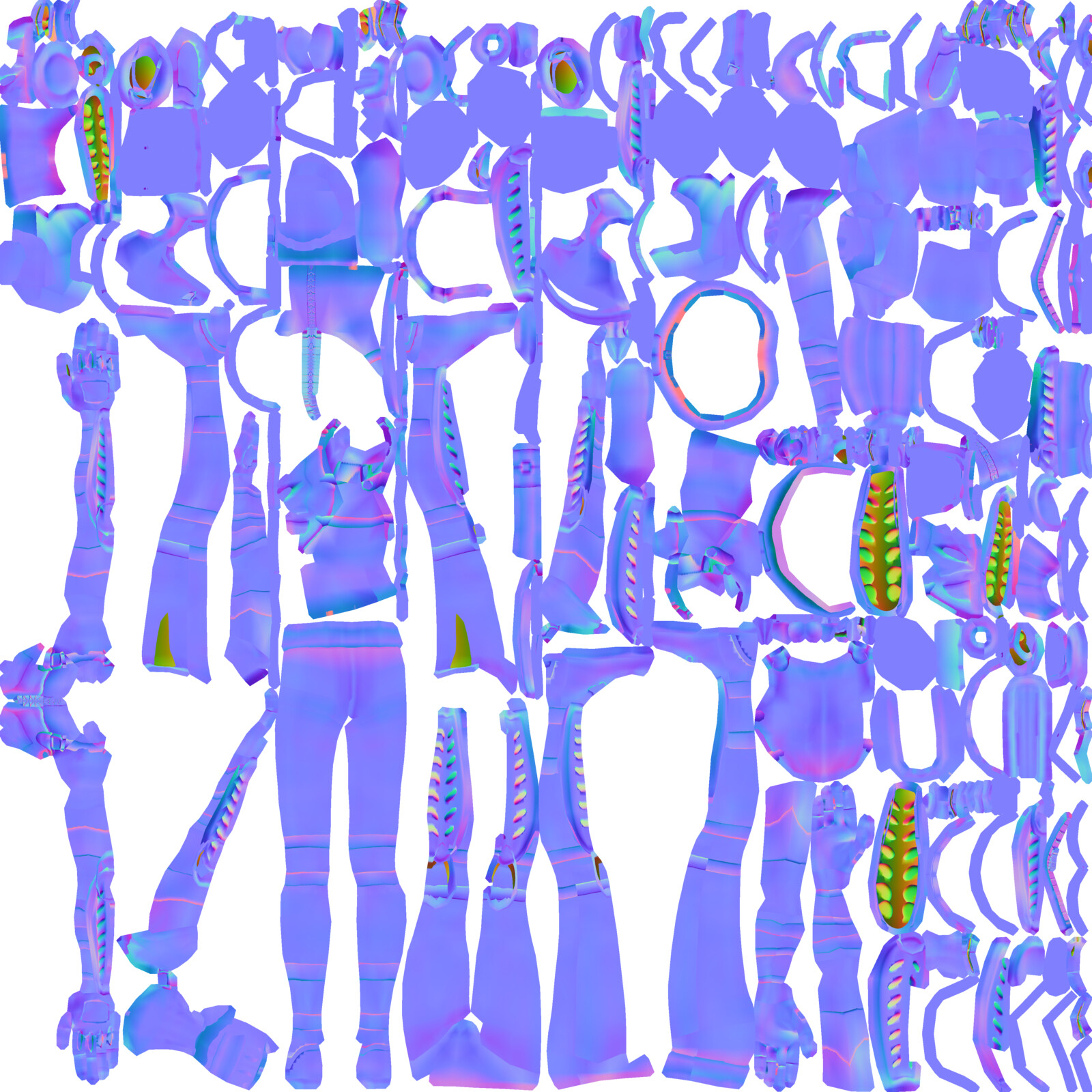 Female player normal map. (The poorly-baked areas are the backs of the shin/wrist guards and shoulder/knee pads. As such, they are not visible on the textured character.)