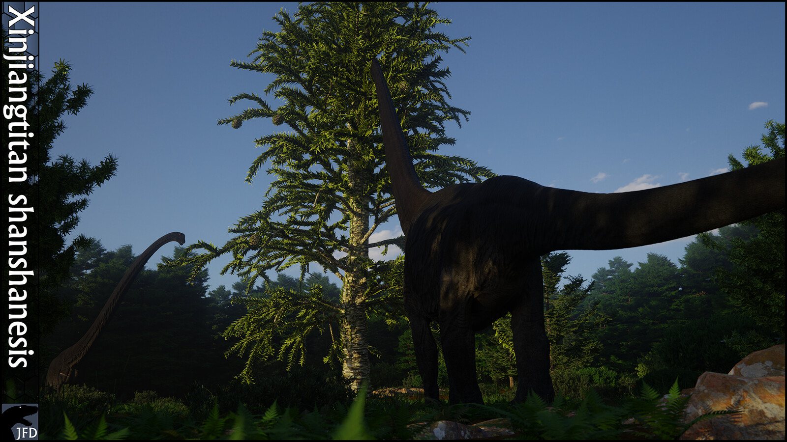 Xinjiangtitan shanshanesis walks into a clearing around an ancient Araucaria, however a much more massive Sauropod is already present. This titan of an animal, while a extremely similar to Xinjiangtitan itself is not Xinjiangtitan.