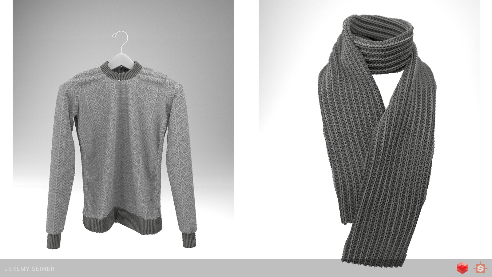 A couple variations of the fabric material applied to a sweater and scarf. Clothing assets made in Marvelous Designer.