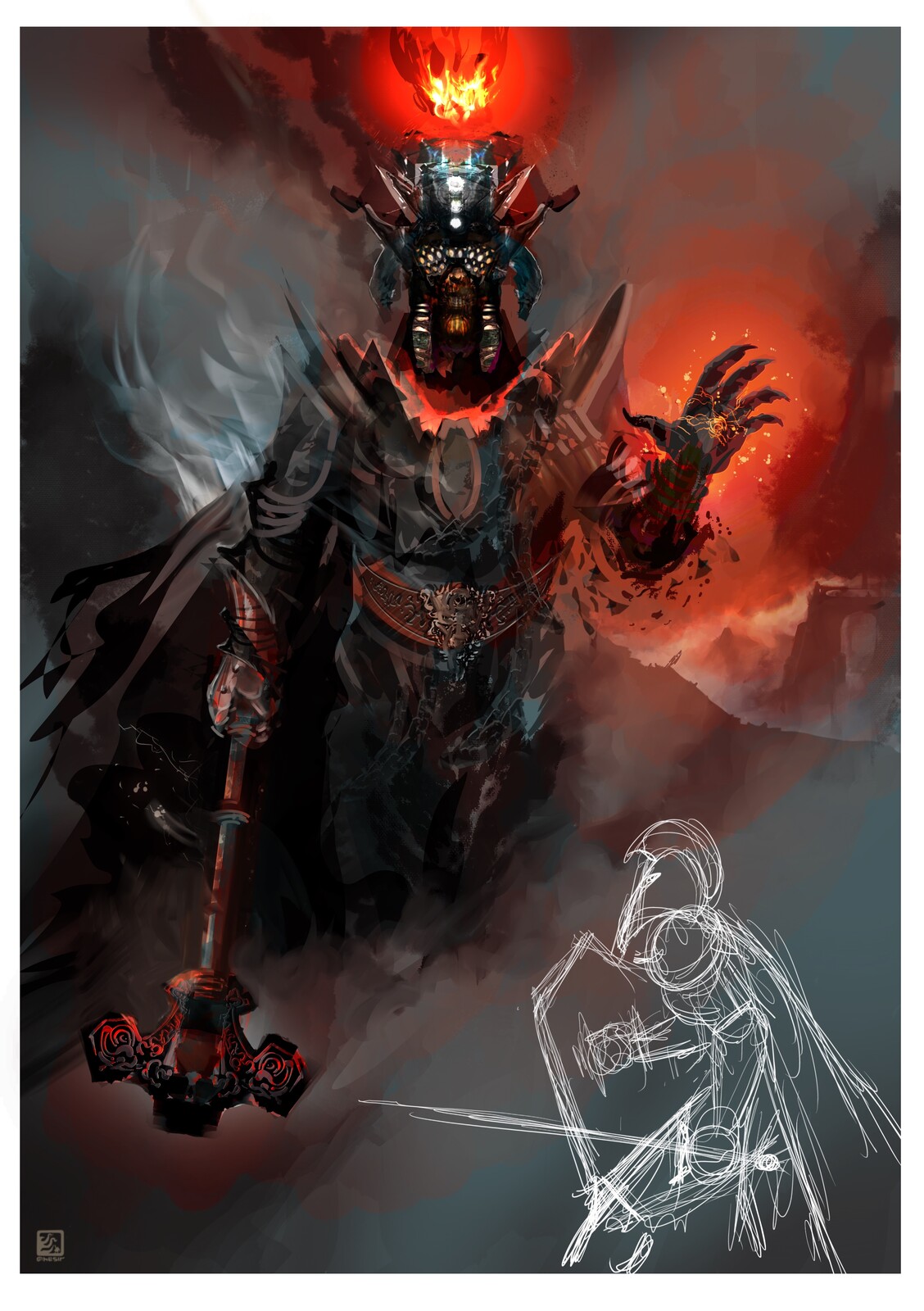 As much as I loved this original pose, particularly that hand showing where the Silmarils had burned Morgoth’s hand I began to feel that he looked more like he was bestowing a benediction on Fingolfin rather than confronting him in battle.