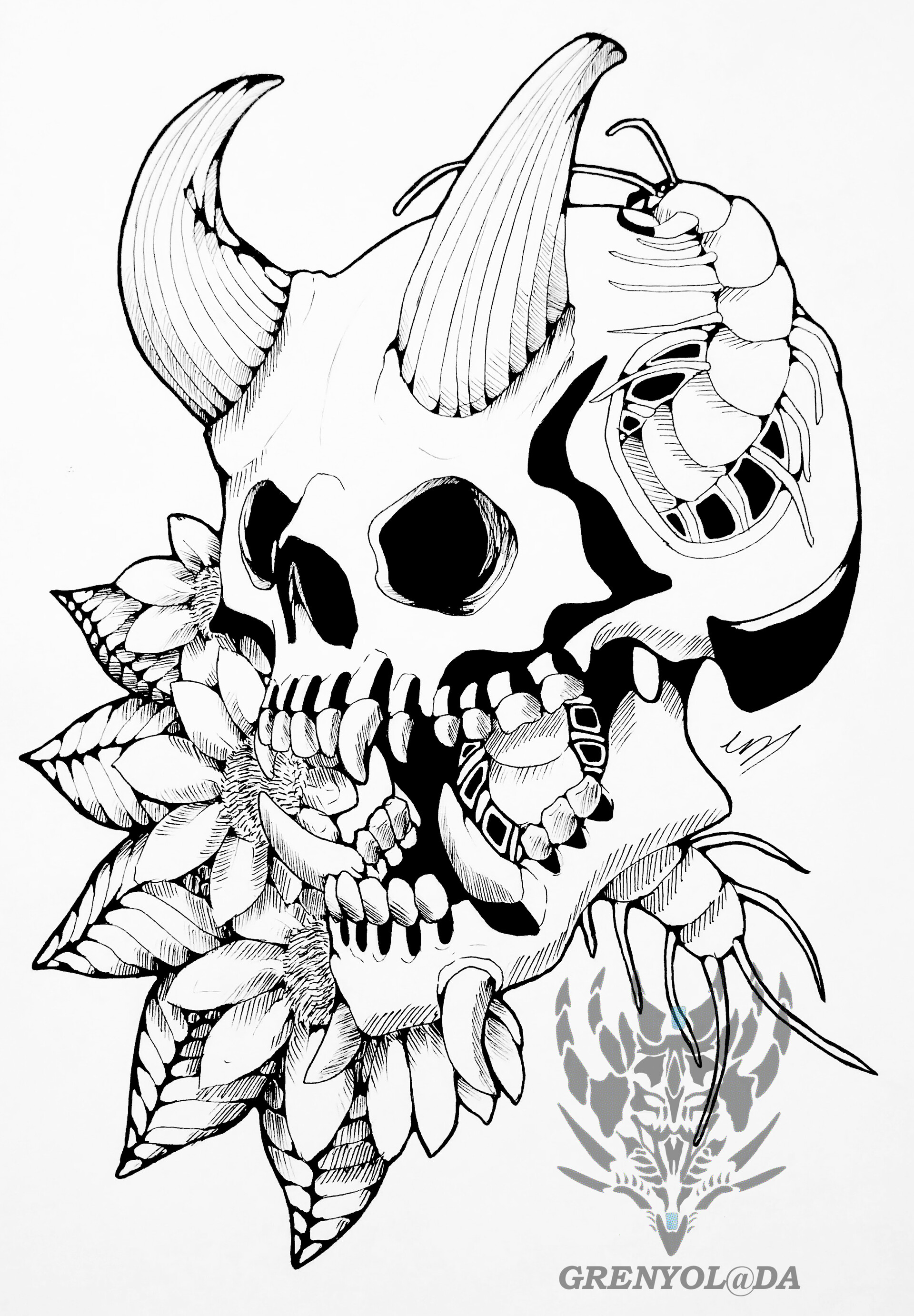 Black line tattoo of a skull on Craiyon