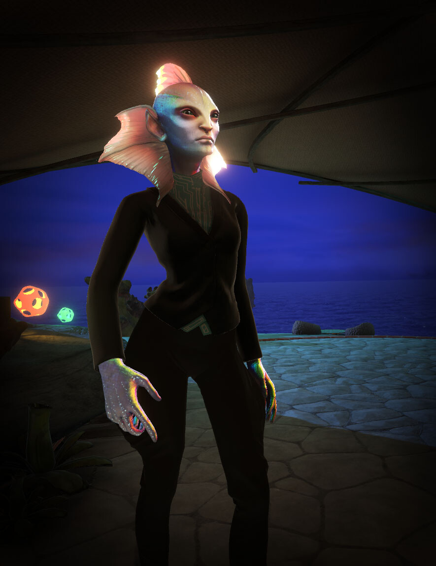 Fish person dressed up and lit for doing a realtime talk about avatars