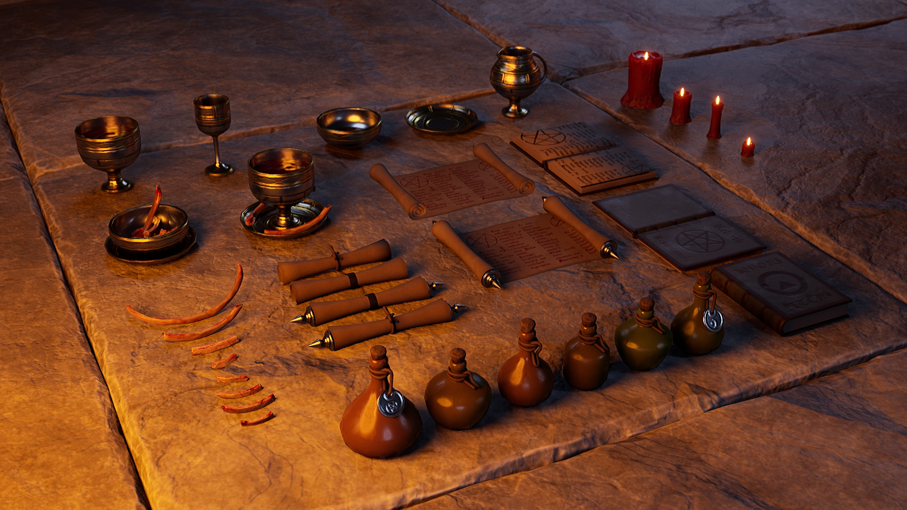 Small Set Dressing Props created by myself.
(Potions/Books Randomise colour in material shader same with scroll/book text material)