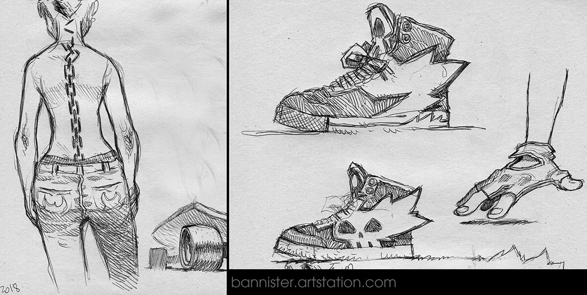 Reference to the previous characters in the form of a tattoo, and very early sneaker designs.