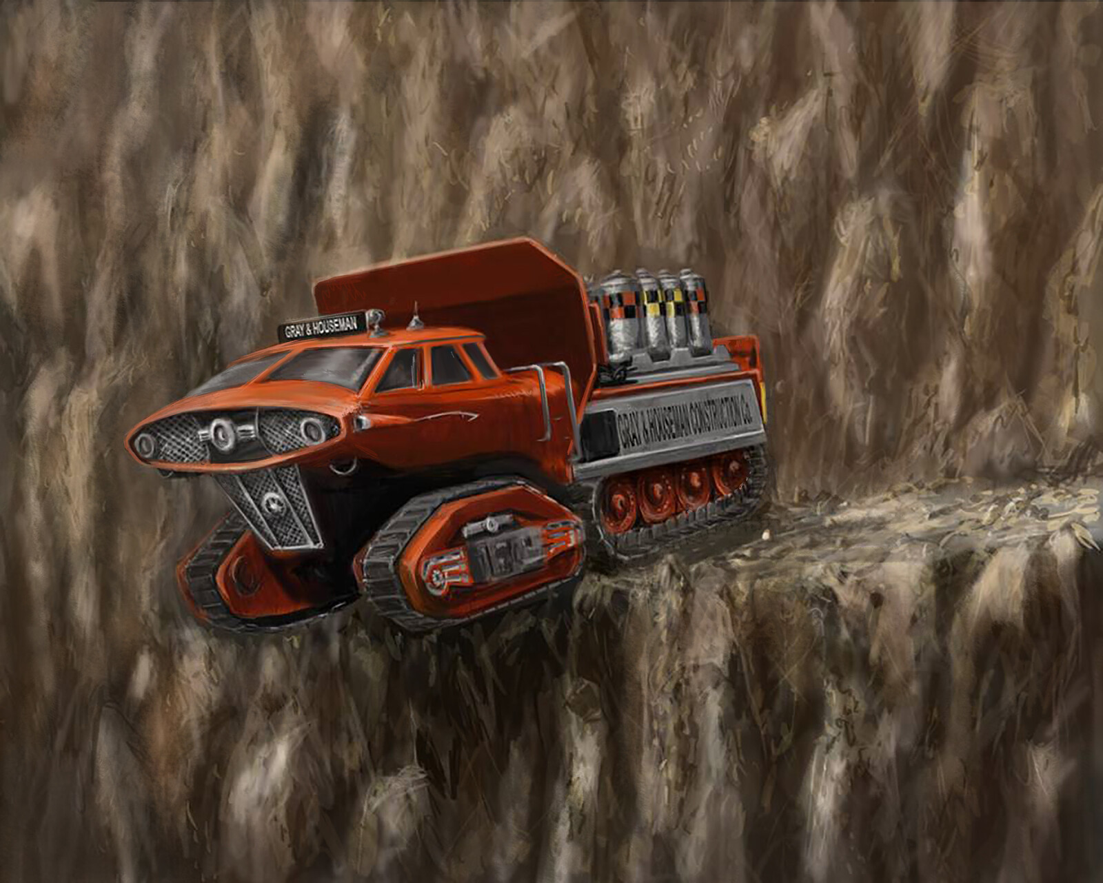 EXPLOSIVES TRACTOR
From the 'End of the Road' episode of 'Thunderbirds'. In an attempt to save his business, Eddie Houseman risked his life and became trapped in his vehicle, teetering on the edge of the cliff. Designed  by Mike Trim.