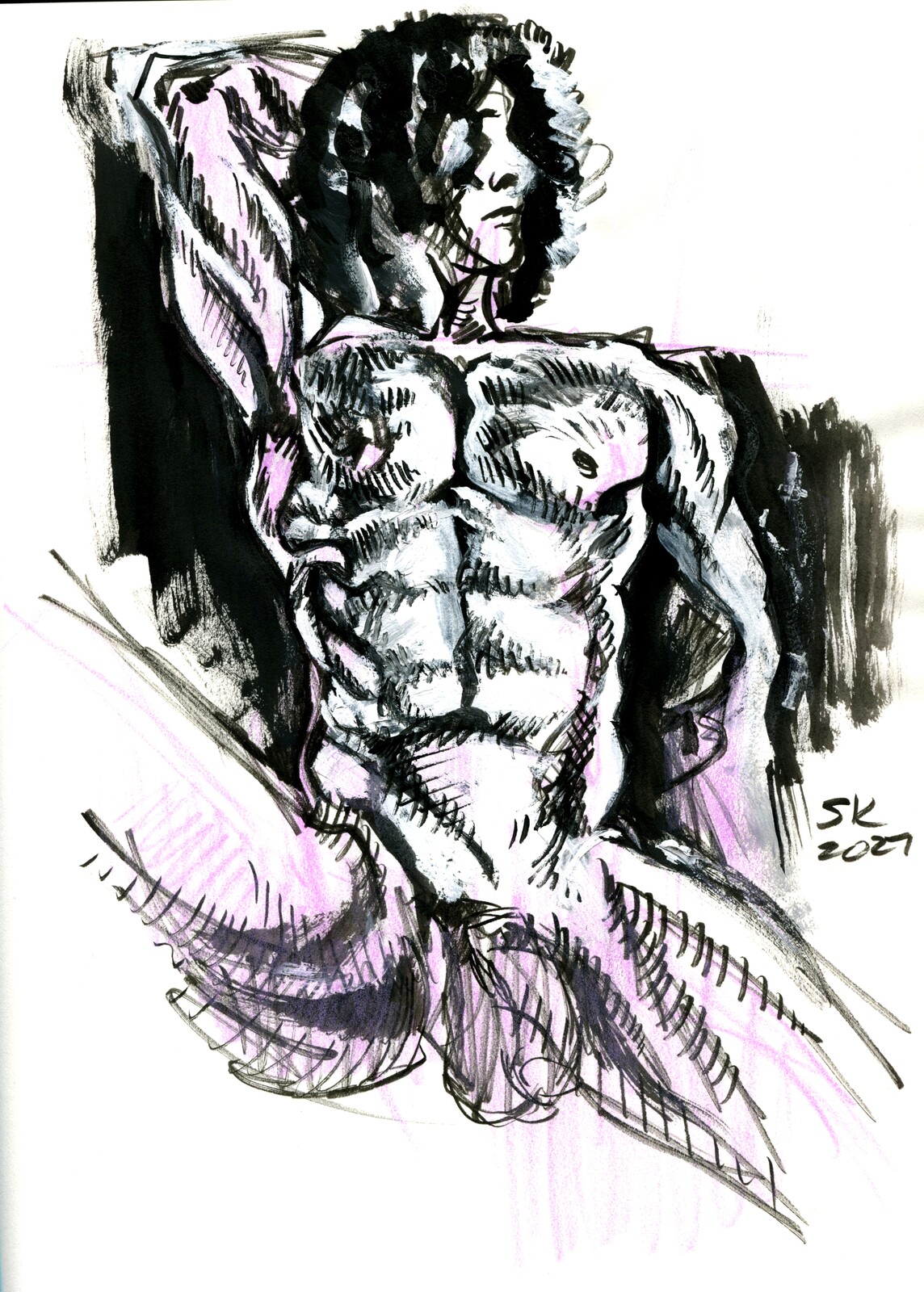 Coloured pencil, ink brush, gouache, and ink on paper.