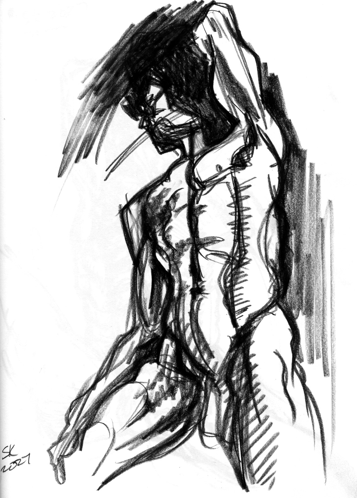 Charcoal pencil on paper.