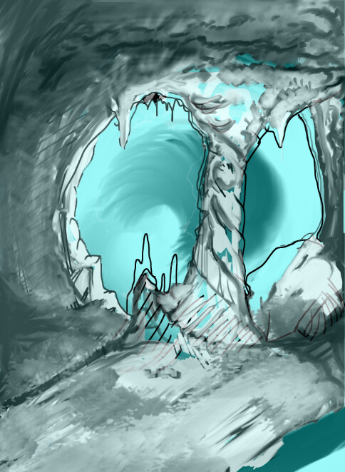 Loaded Mixer brush copy cyan channel only for back ground, beginning to sketch and paint the cave.