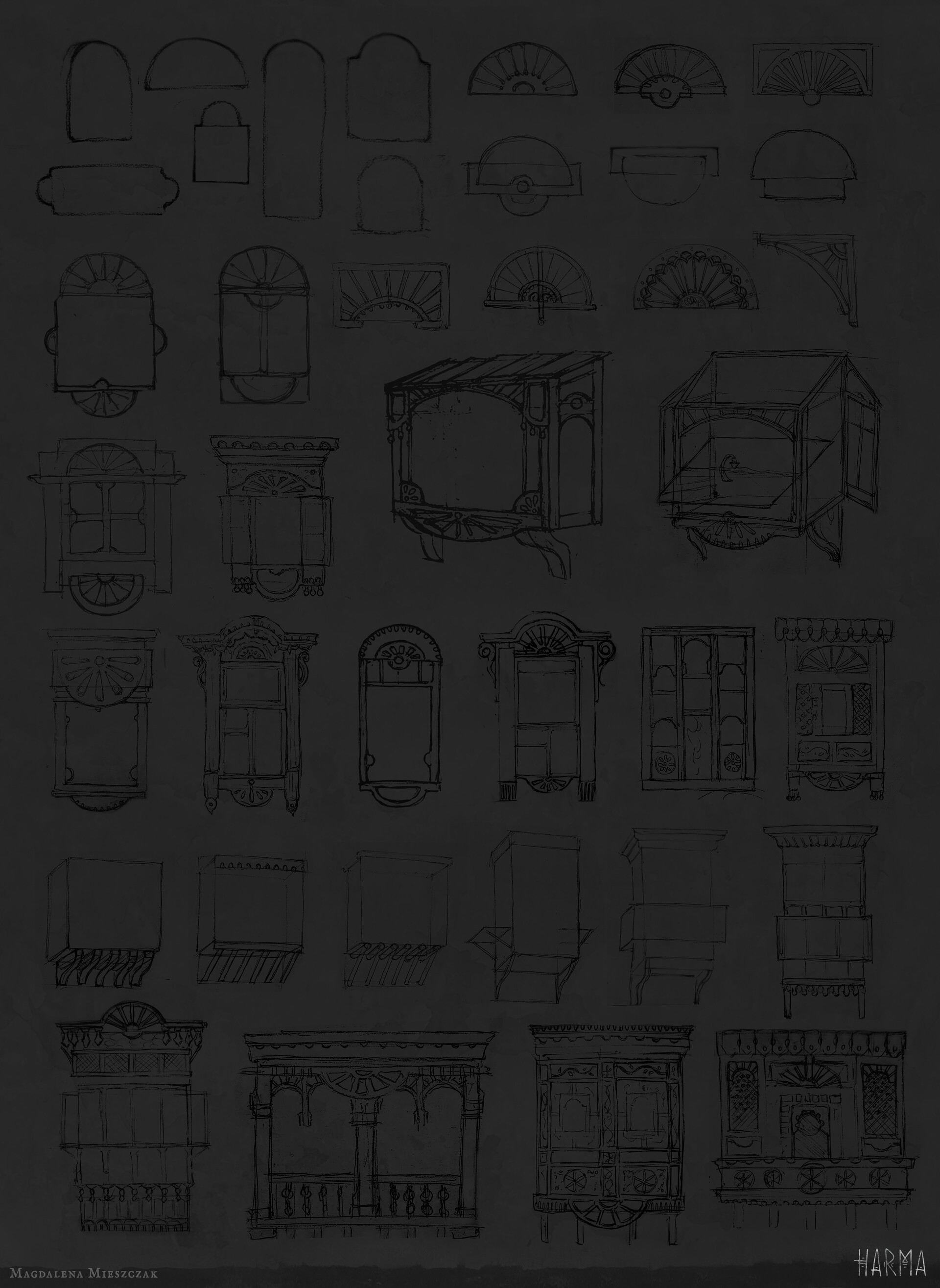 some snippets from my sketchbook. Here I was figuring out the shape language, feeling, how to incorporate shapes that I chose