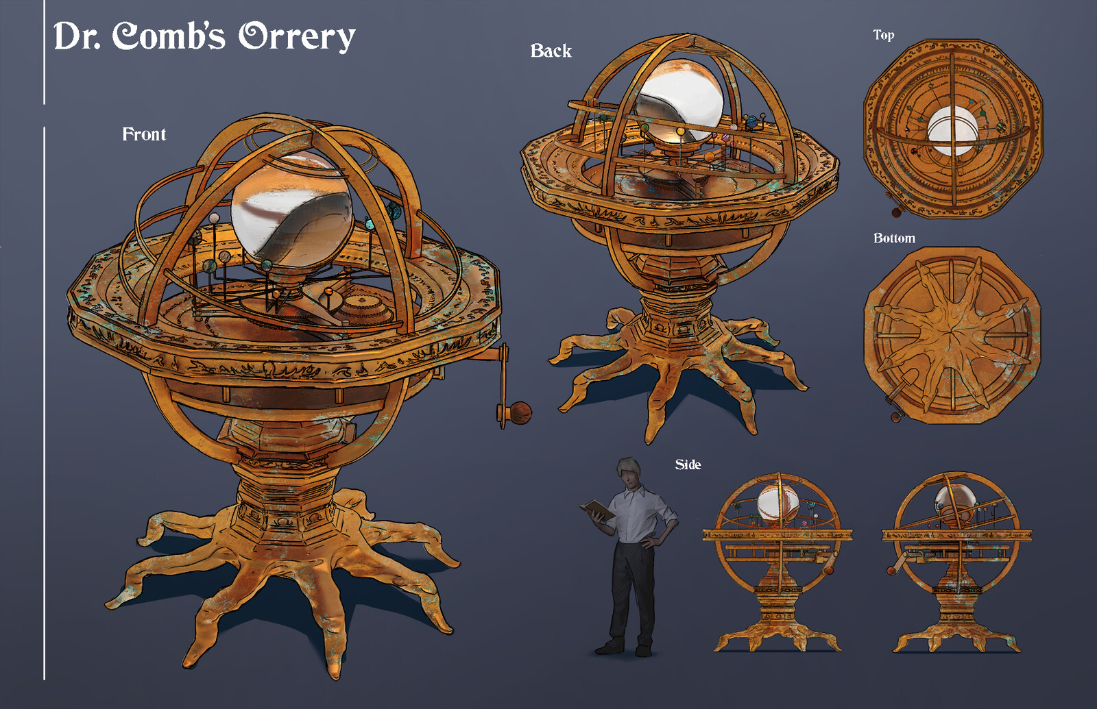 Final design call out for the Orrery, I wanted this to be an artifact of The Deep Ones salvaged from the sea.  I wanted to add to the requested brass material and tie in water damage as an extra story element. 