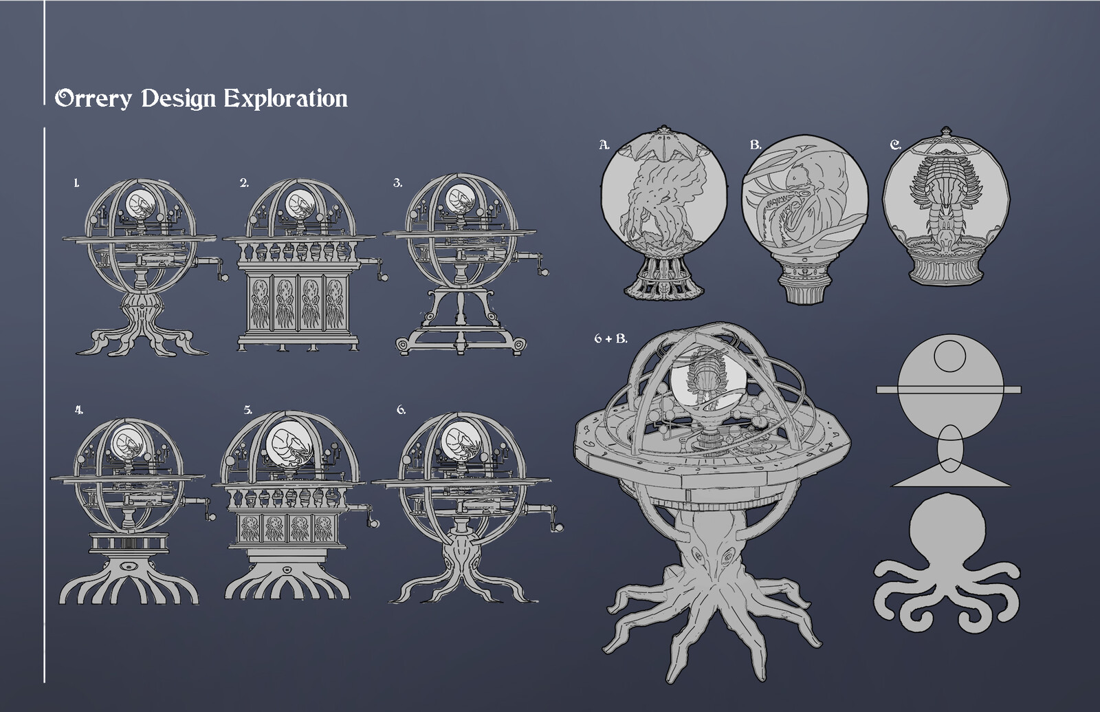 Early ideas and exploration for the Orrery and the creature in the centre of the Orrery. I liked the idea of an octopus shape with the circular top half and the bottom half resembling the legs.   I liked the interlocking rings as a cage motif.