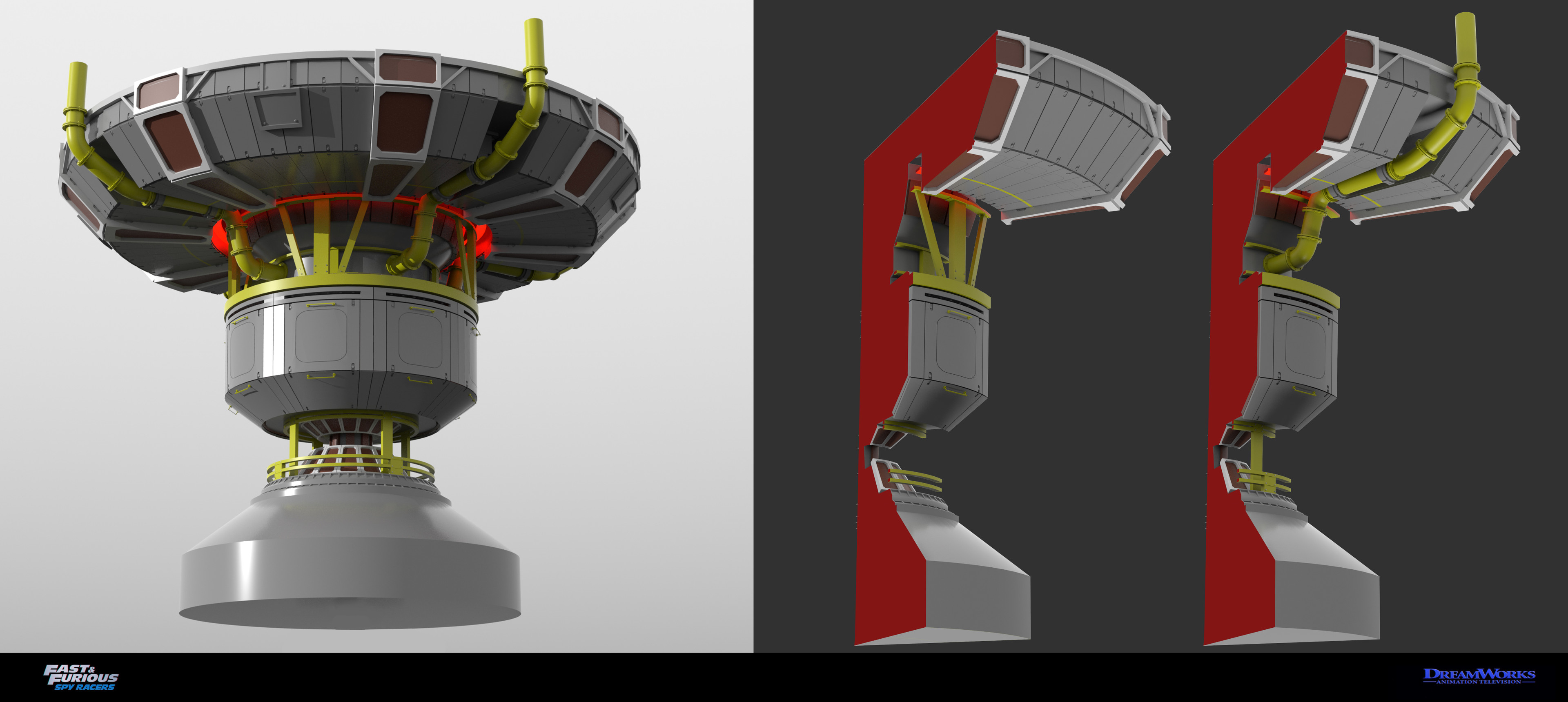 My model done in Modo to simplify the design down and optimize into 8 radial segments. This turned out to be important for the CG team to have as a modular base.