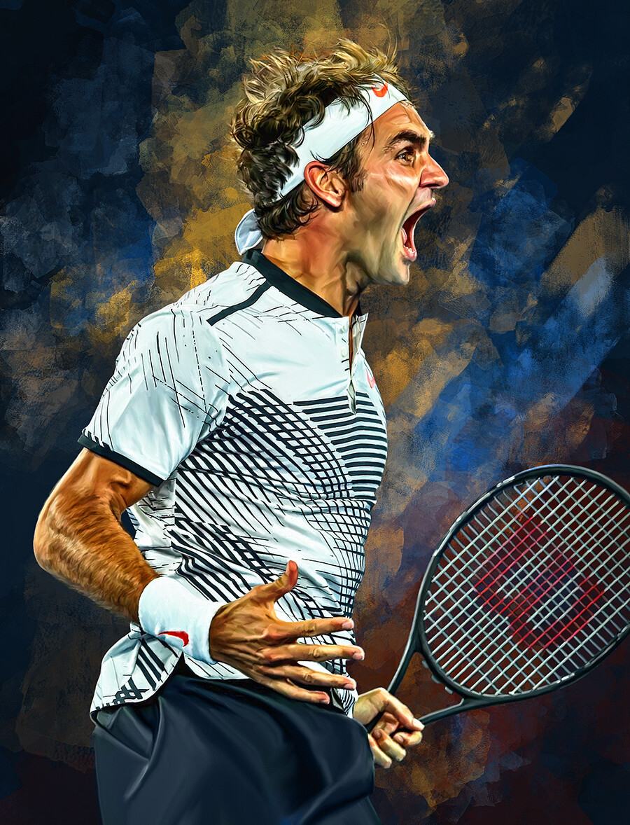 Sam - Roger Federer wins Australian Open 2017. Emotional art portrait poster.