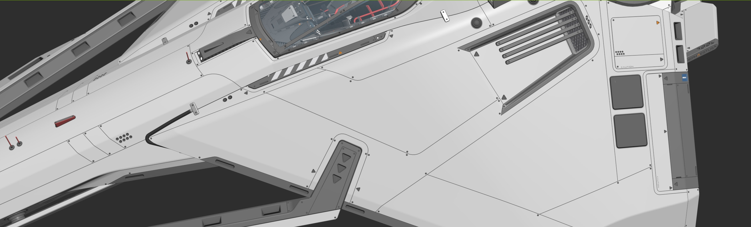 Screenshot of the ship exterior in Max with panel lines applied.