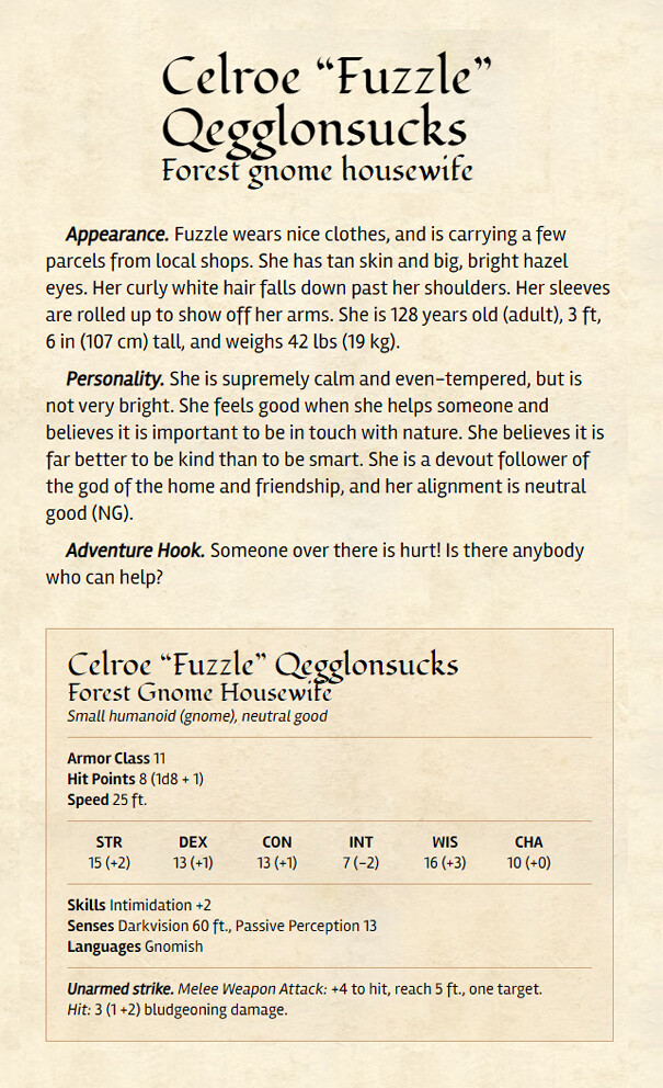 Using the dnd generator from http://negatherium.com/npc-generator for the characters description and stats