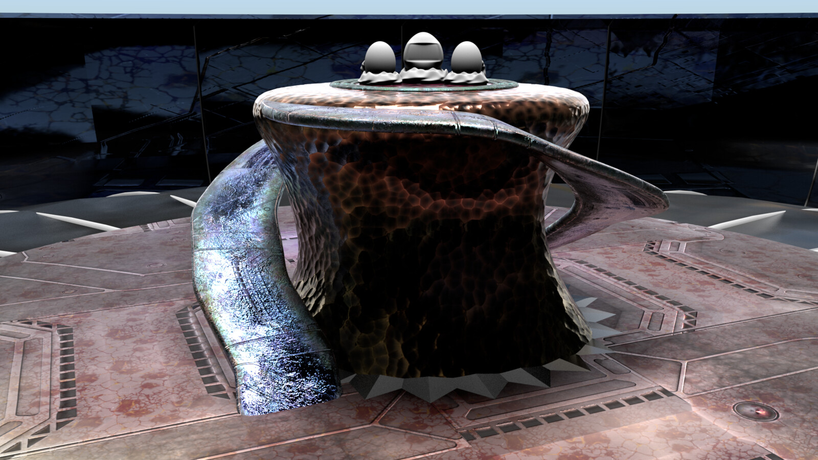 A close up of the texture progress on the main dias, with placeholder egg objects still in the scene. We tried to limit the single intense point of color in the scene to the dias and the surrounding areas