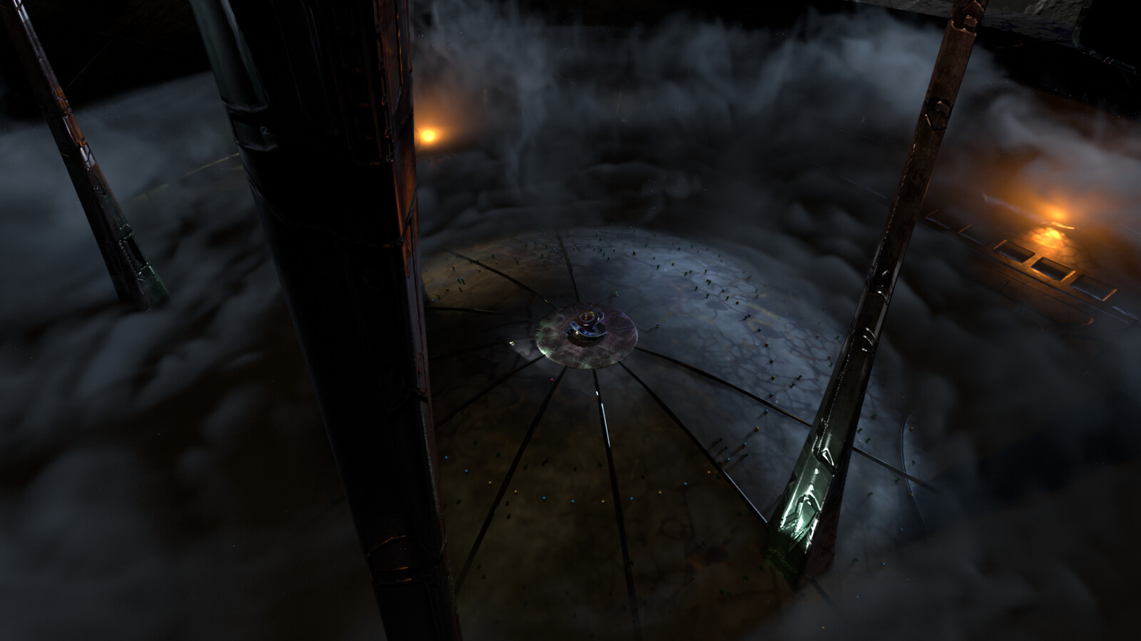 A look at the completed interior, with the addition of a large fog volume obscuring the outer edges of the ship.