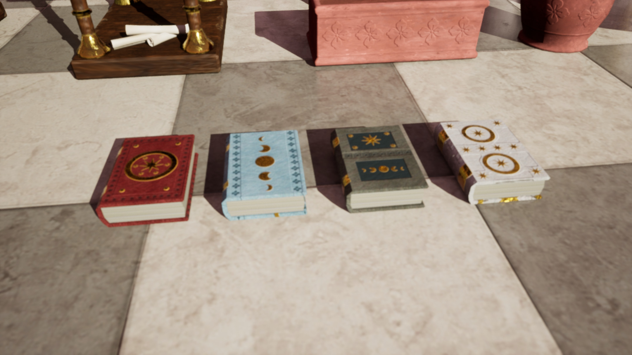 Close up of the books I made, all of them are using the same texture sheet