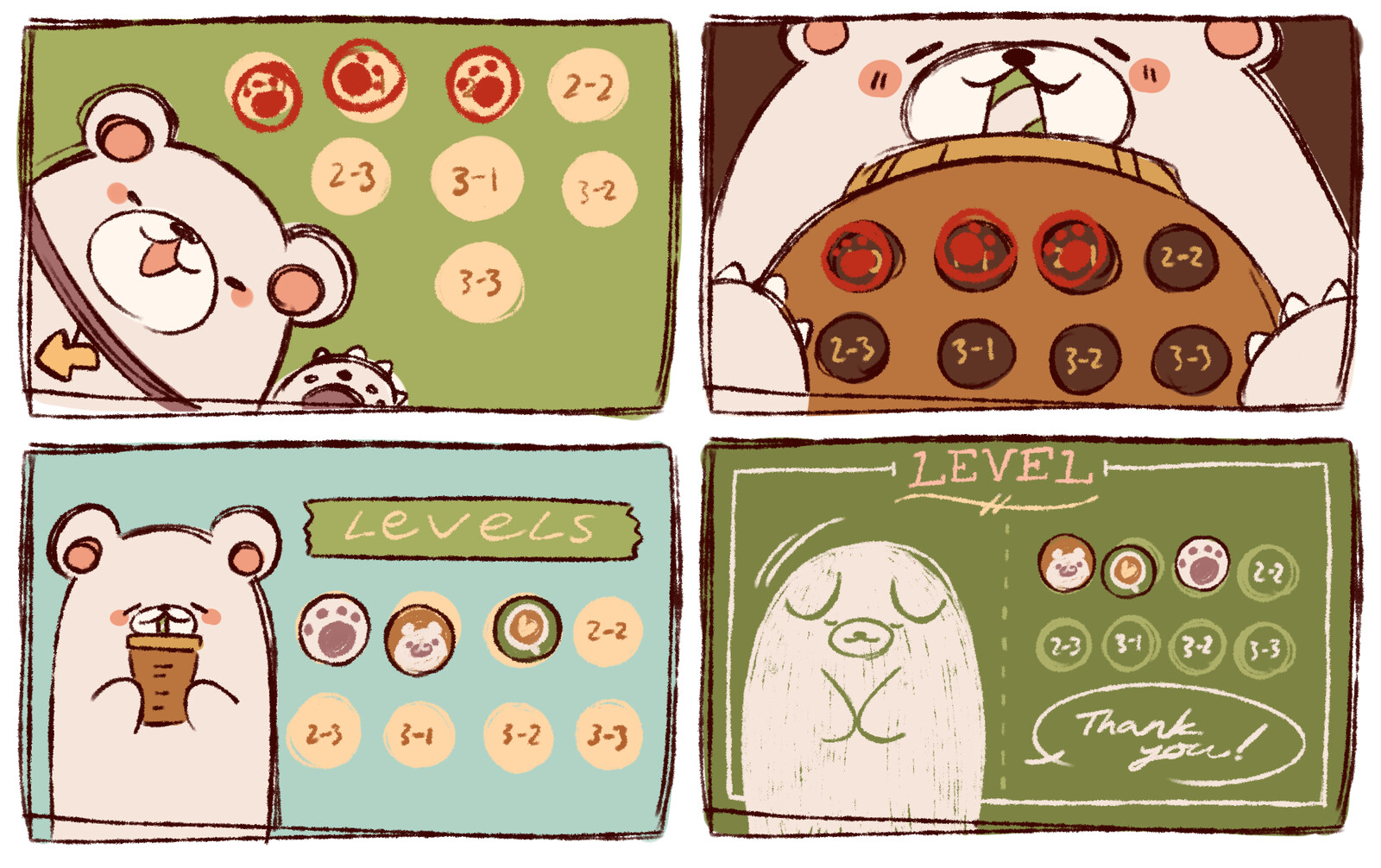 Flat view of the level selection screen. Inspired by point rewards cards from boba tea shops.