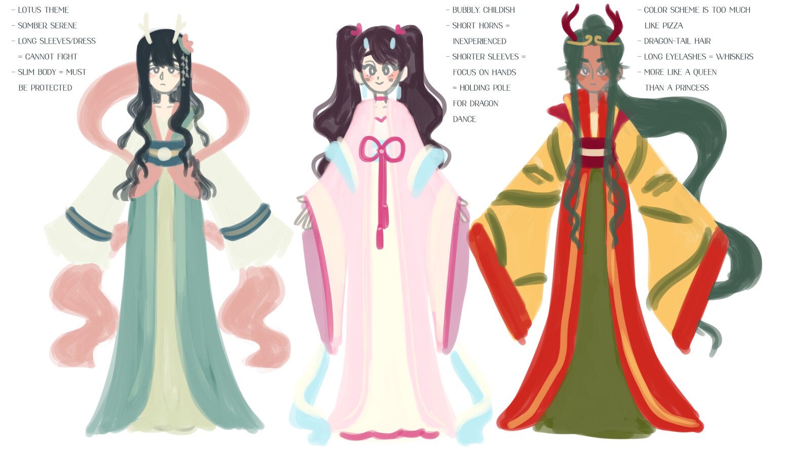 Design concepts following the theme of "Dragon Dancing Princess."