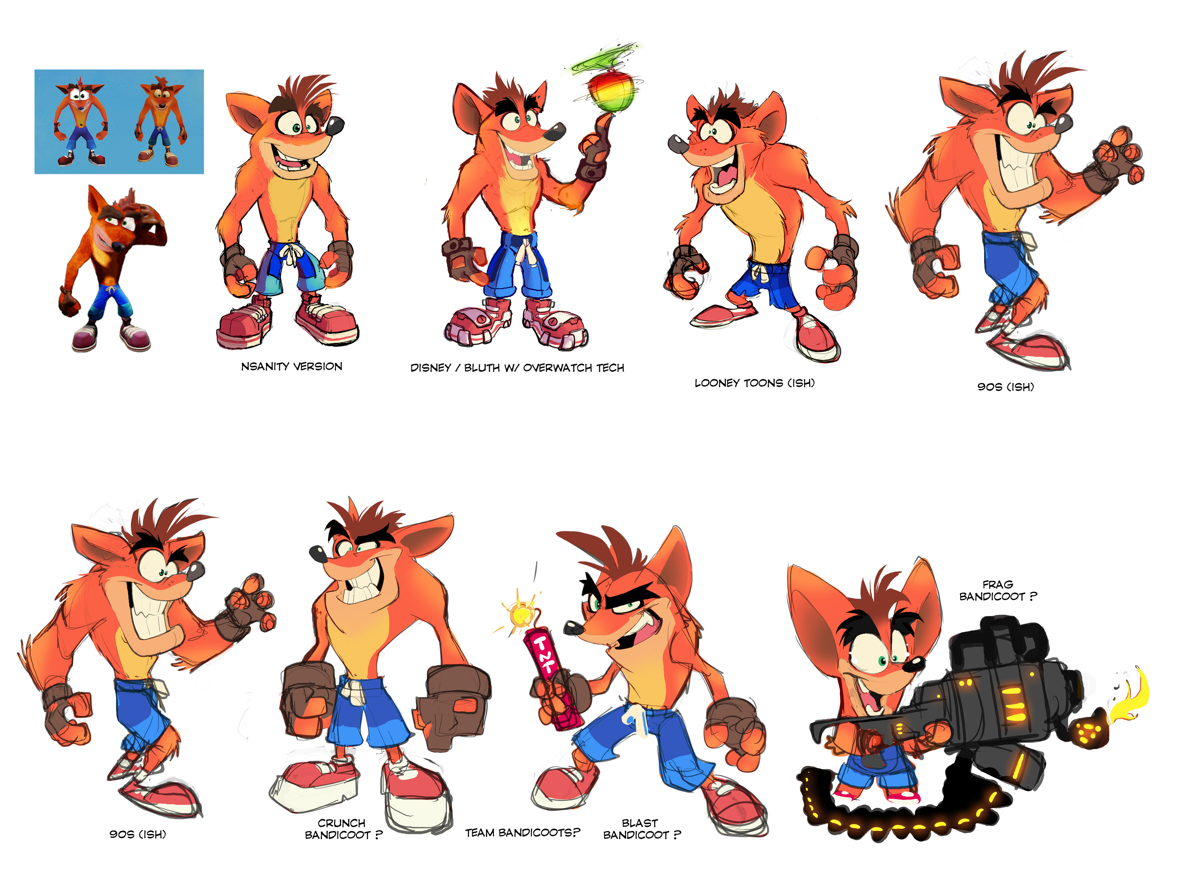 Early Crash looks ideations.  I threw in fun names to pitch possible bandicoot family members. 