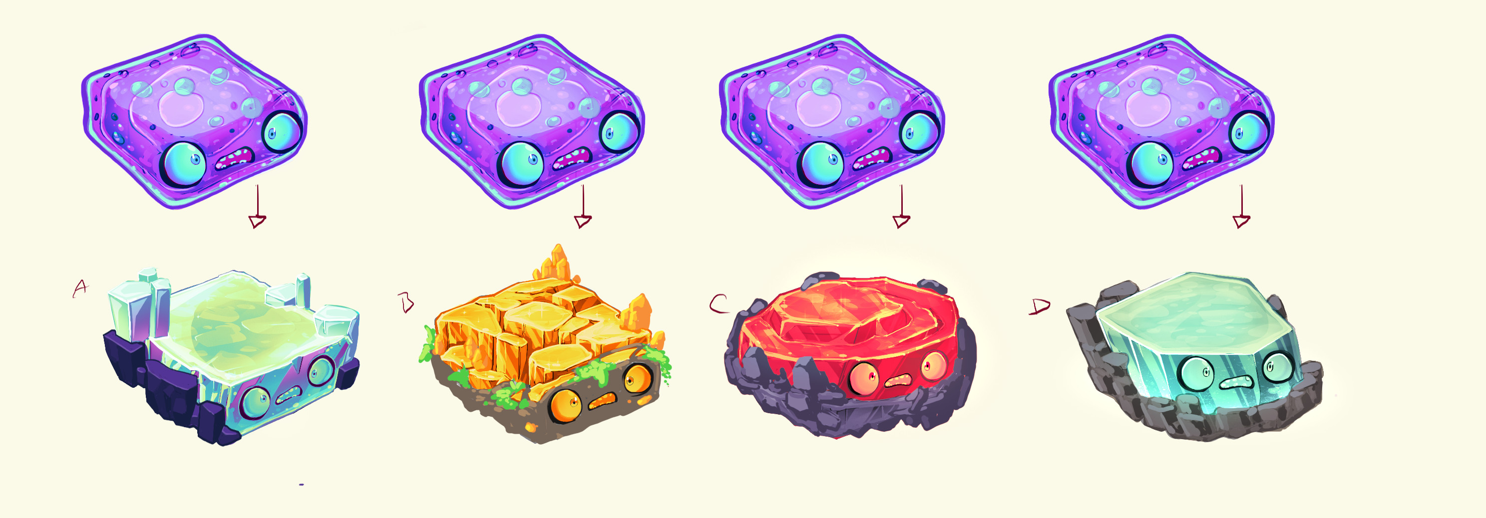 Ideations for Neo Cortexs' weapon. At this point it was clear that they needed a solid and jelly version so there were some options.