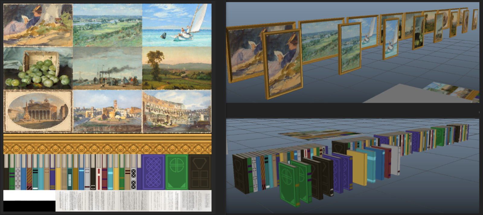 These books and paintings all use this single texture and clever UV unwrapping.