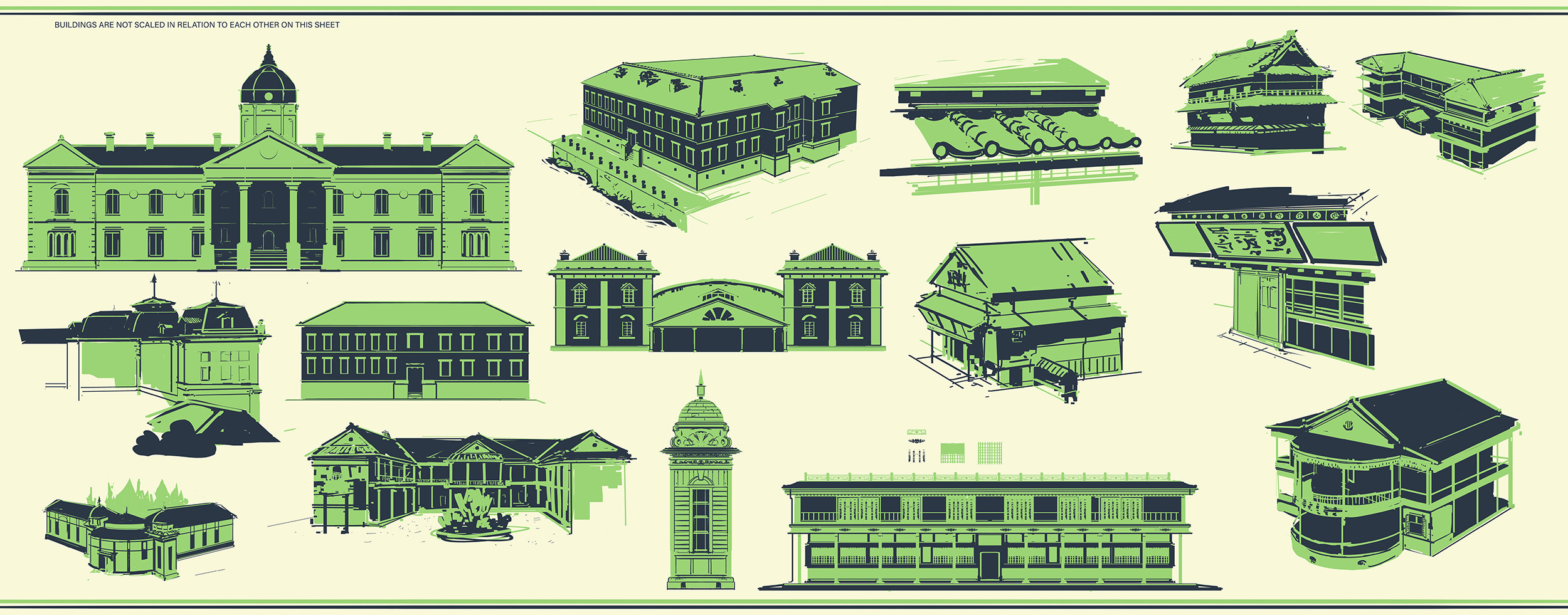 quick two-tone breakdowns of additional architecture outside of Dejima