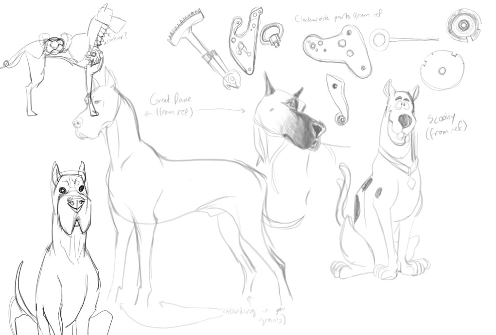 Sketches for one of the NPCs in the picture, a clockwork dog