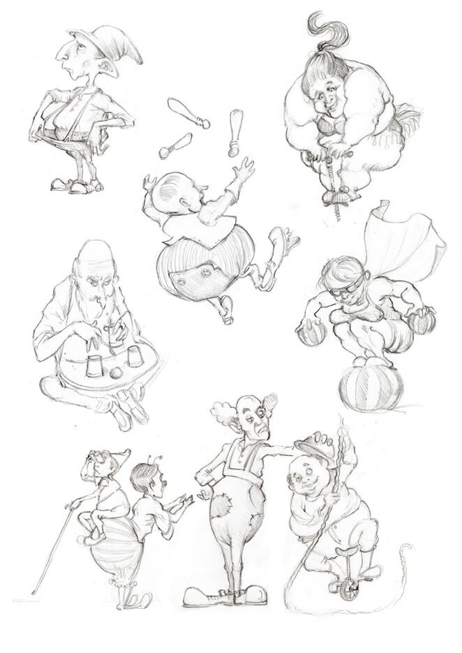 Sketches of all the circus characters