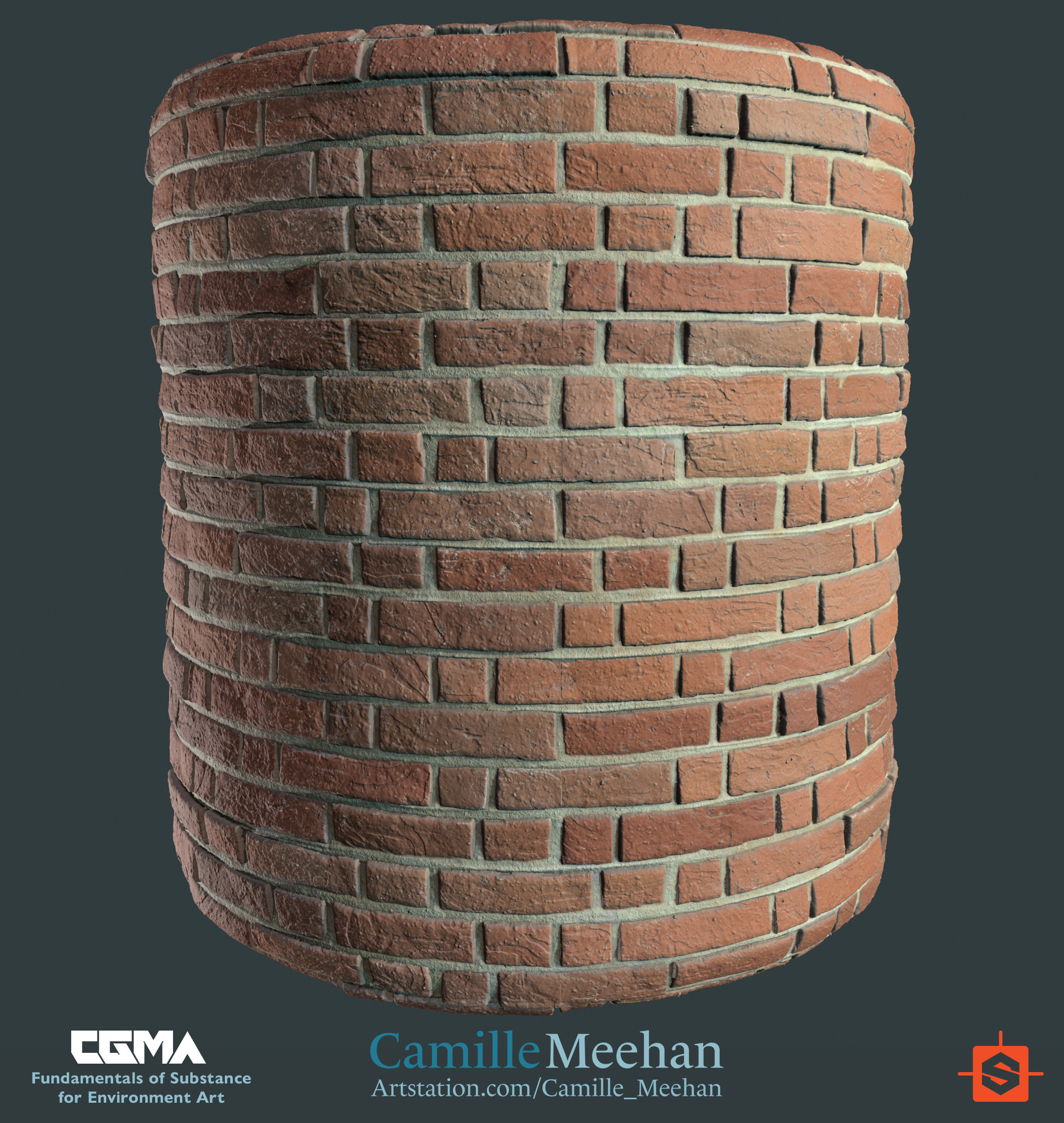 Brick material applied to a rounded cylinder. 