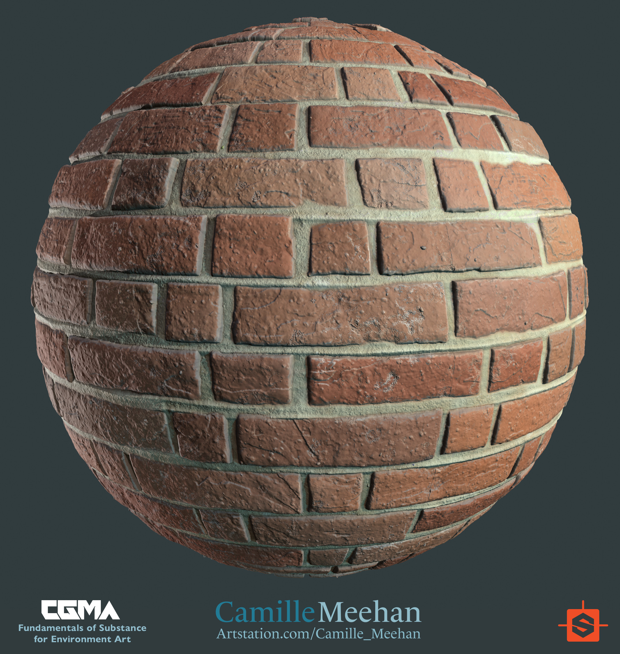 Brick material applied to the rounded sphere.