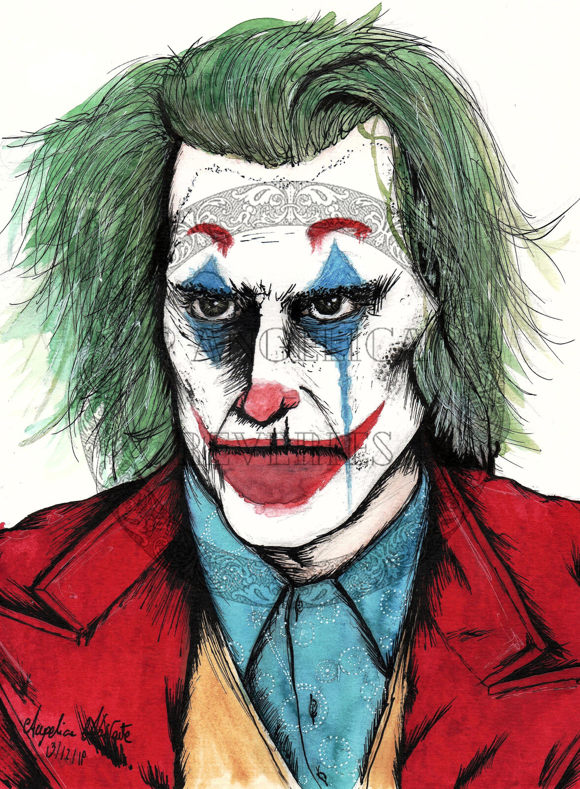 "The Joker"
Portrait of J. Phoenix's version
Inks and watercolors on paper