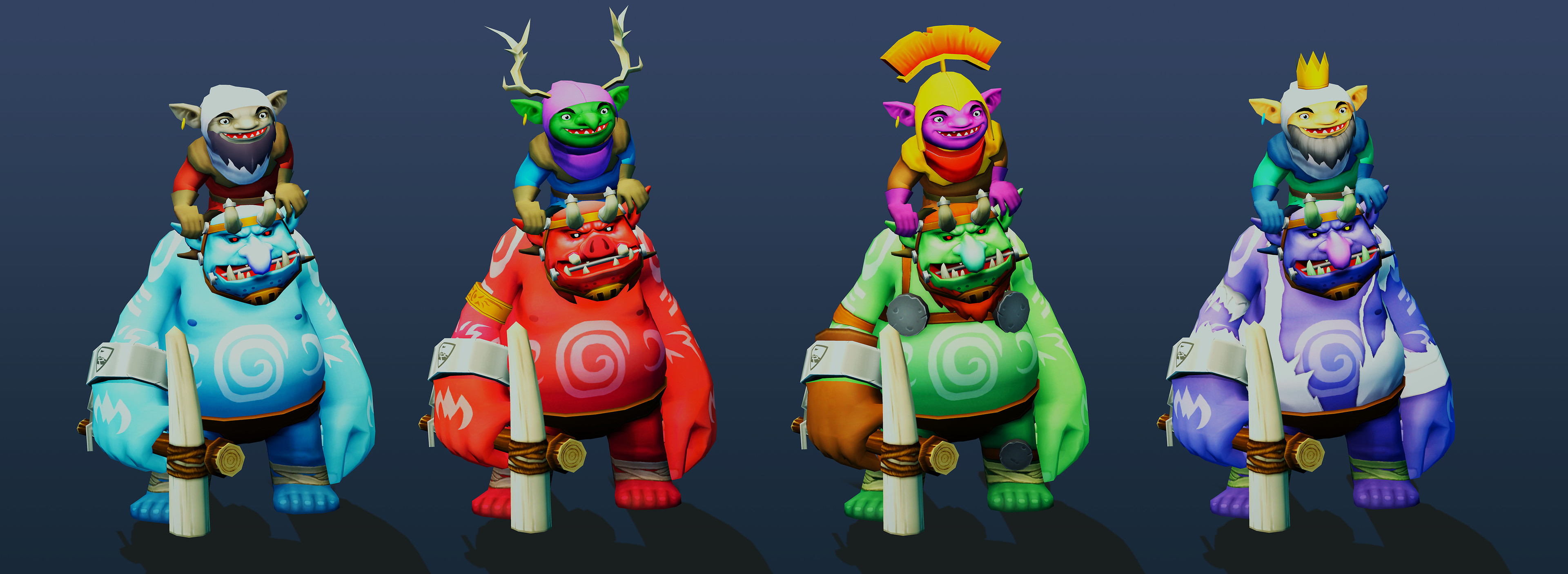 renders of 3d character models for a mobile game