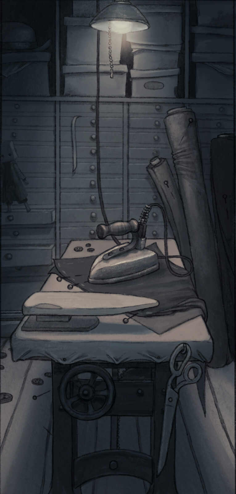 The pressing room.  I wanted to draw an environment concept that could open up for gameplay ideas. An adjustable table with a wheel to turn. A steam iron to plug in and tip over to cause a fire. A pair of scissors to knock down and steal. (Mono for scale)